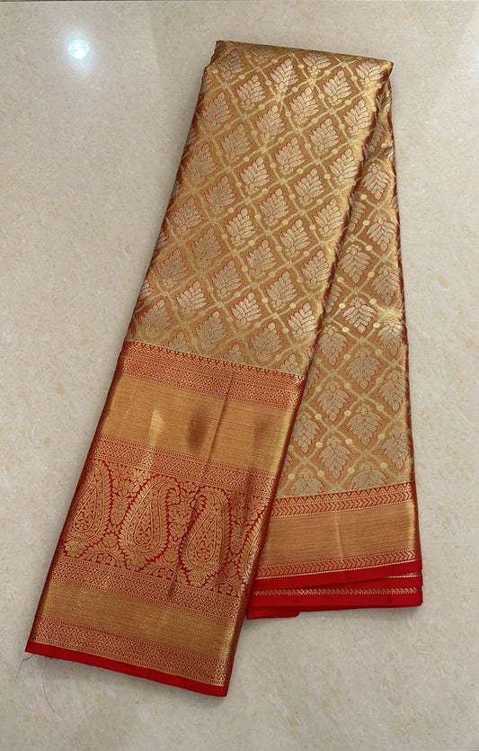 Bridal Tissue Kanchipuram Pure Silk Saree Gold & Red Kanjivaram Sari| SPK153