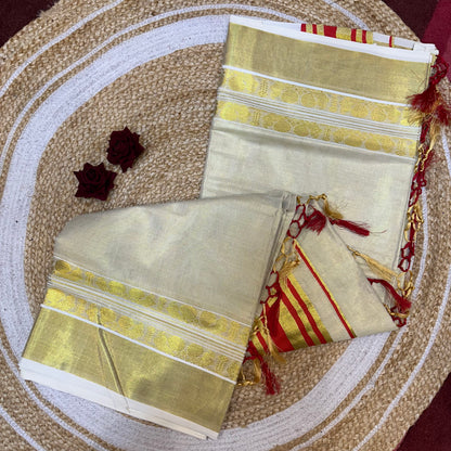 Red Kerala Vishu Sari Indian Cream Tissue Saree C35 - Col 7