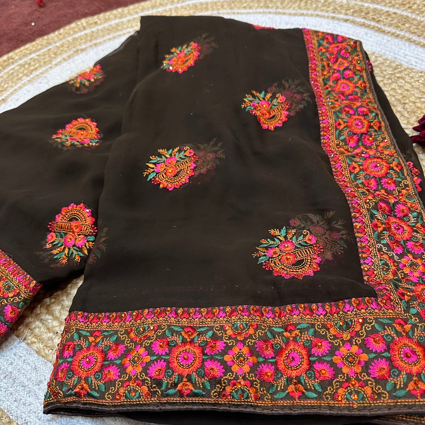 Georgette Sari Indian Fancy Party wear Saree Dark Brown SAR2