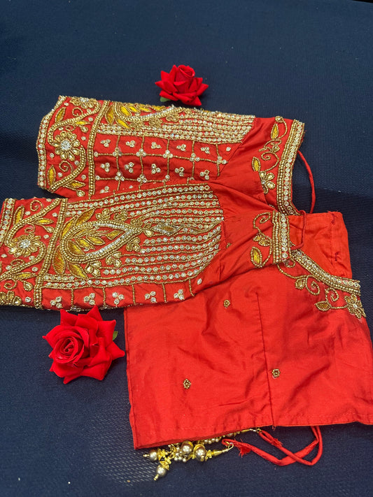 40” Aari hand Worked Sari Blouse Indian Top Choli Silk Red B17