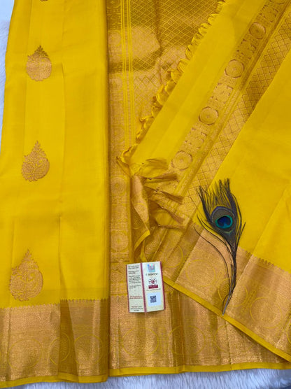 Kanchipuram Pure Silk Saree Yellow with Copper Kanjivaram Sari| SPK