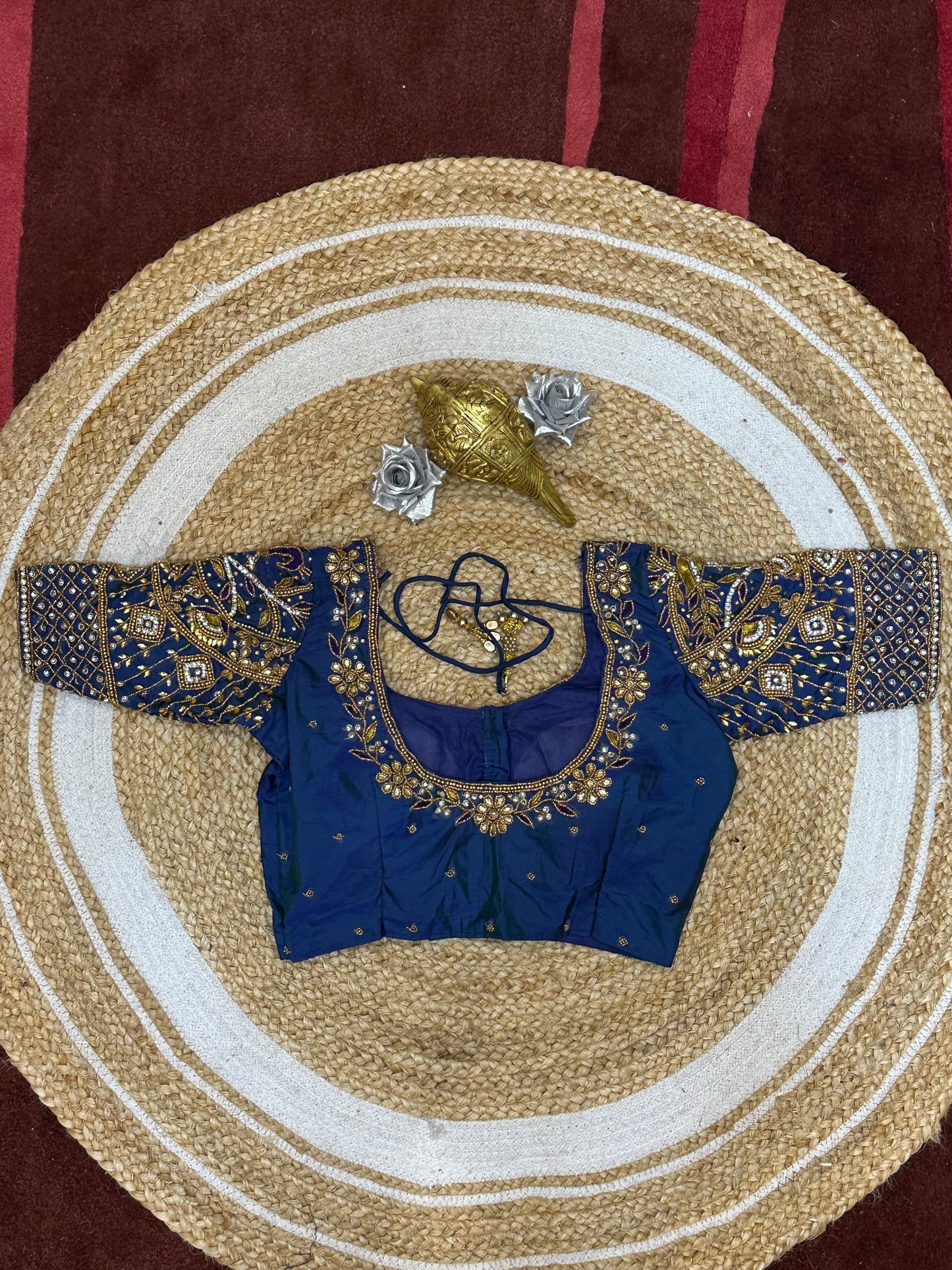 34” XS Aari Worked Sari Blouse Indian Saree Top Silk Blue B110