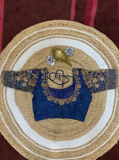 34” XS Aari Worked Sari Blouse Indian Saree Top Silk Blue B110