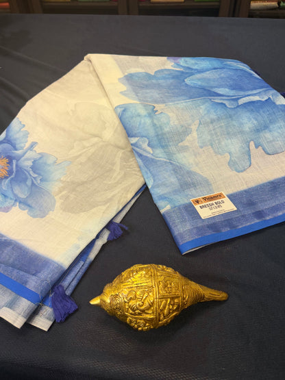 White & Green Digital Printed Linen Sari Indian casual Saree C5