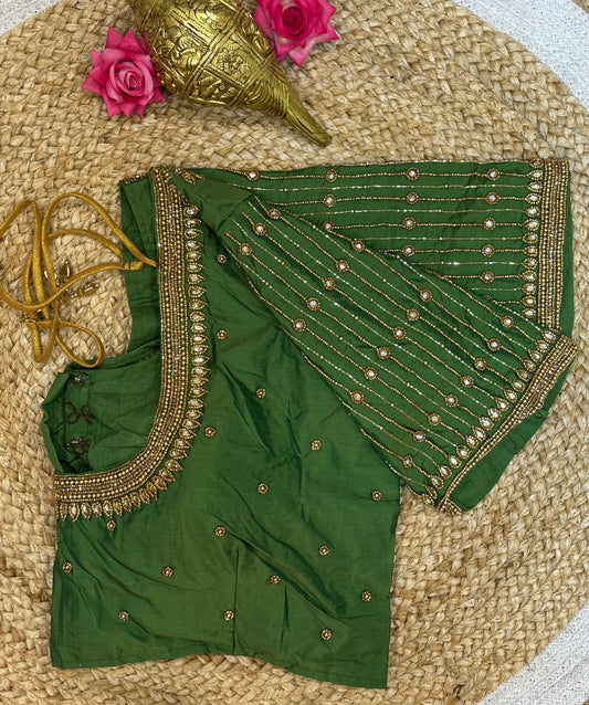 40” Size 10 Aari Worked Sari Blouse Indian Saree Top Silk Green B97