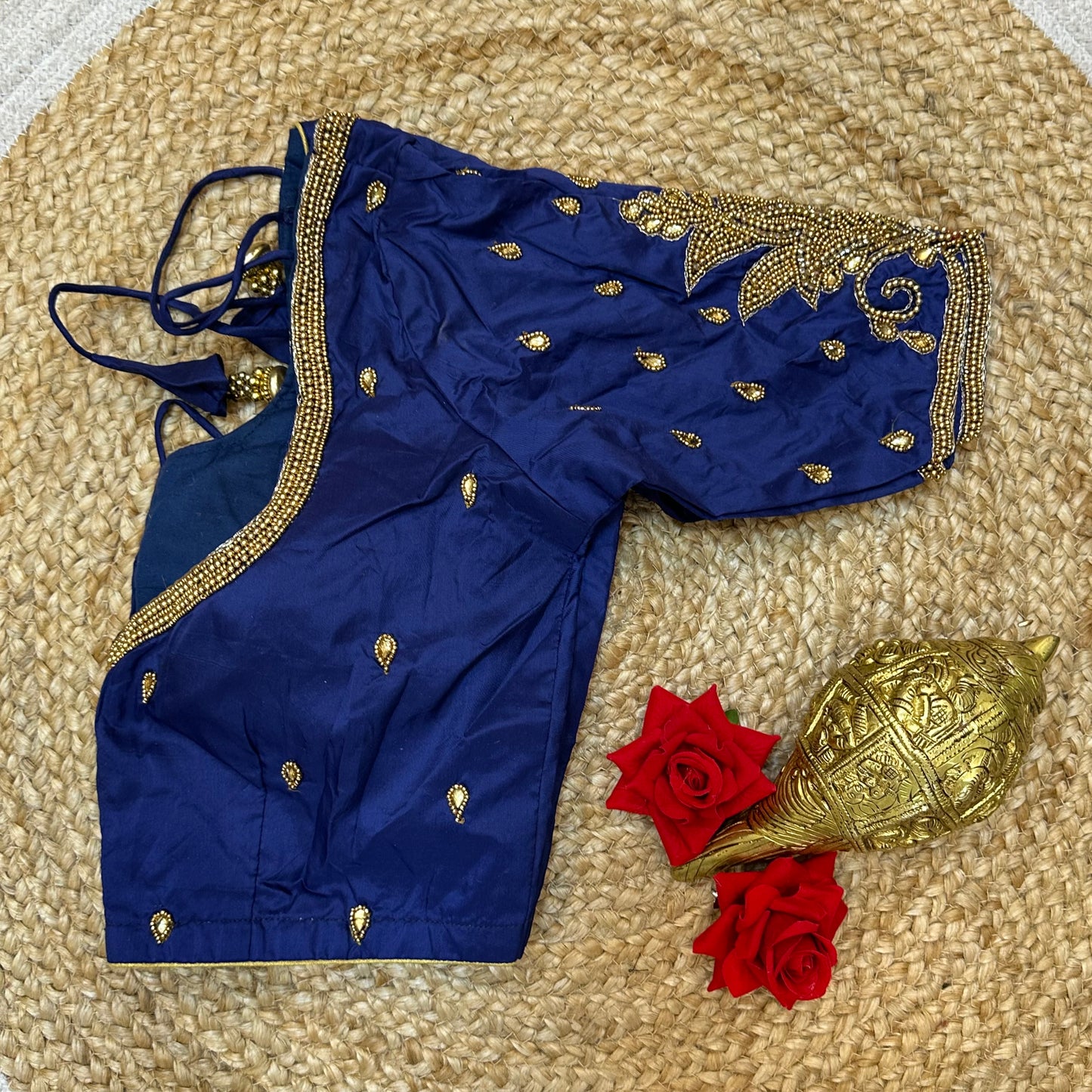 32” XS Size 6 Aari Worked Sari Blouse Indian Saree Top Navy B318