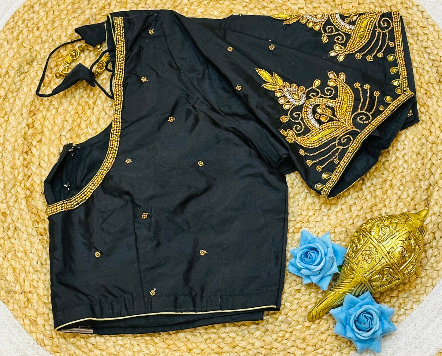 46” Size 16 Aari Worked Sari Blouse Indian Saree Top Silk Black B186