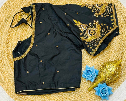 46” Size 16 Aari Worked Sari Blouse Indian Saree Top Silk Black B186