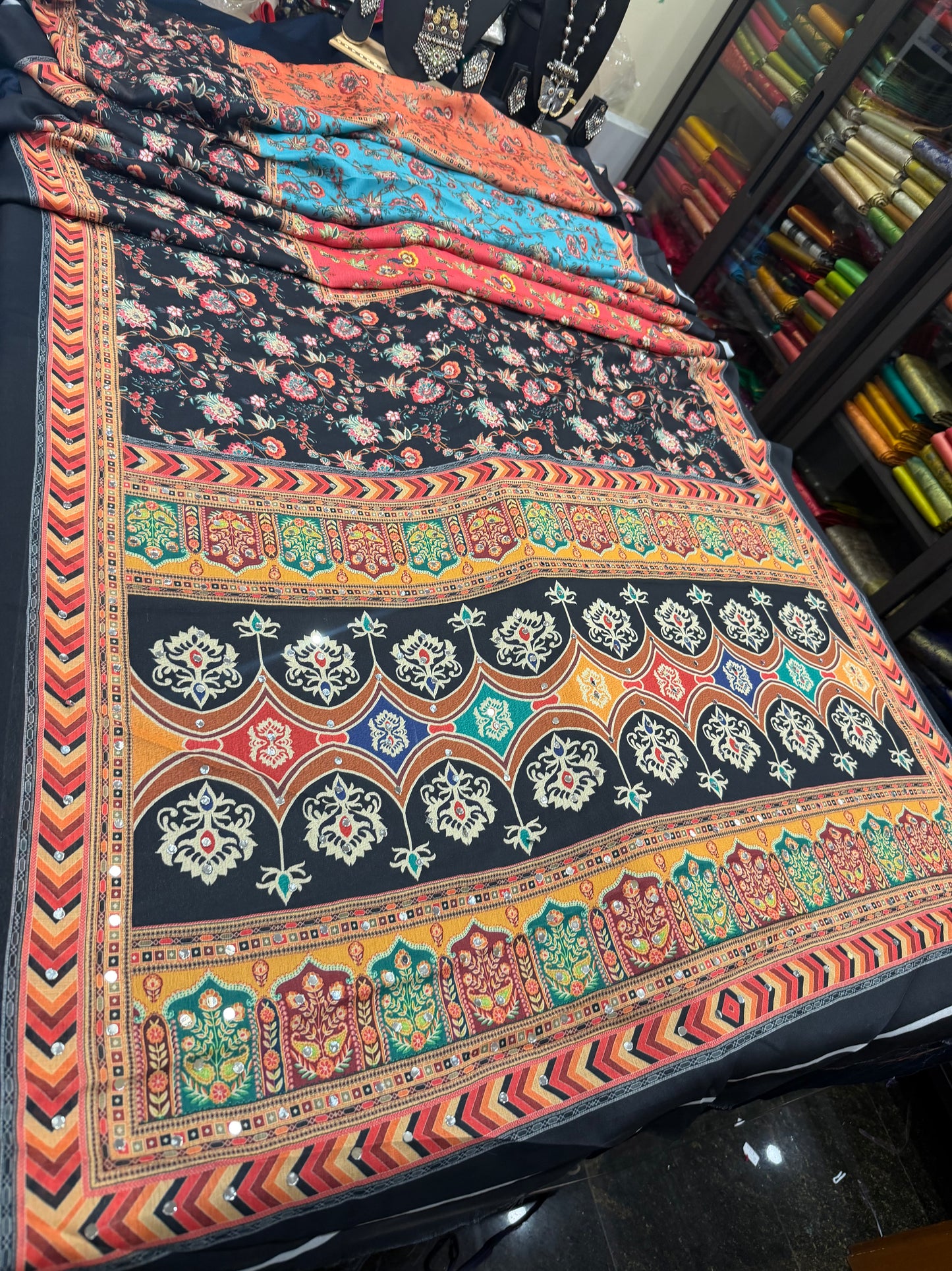 Black Multi Mirror Worked Masakali Sari Indian Fancy Saree C3