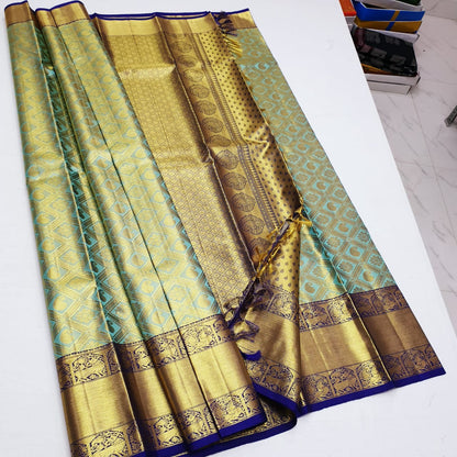 Bridal Tissue Kanchipuram Pure Silk Saree Blue Kanjivaram Sari| SPK172