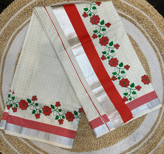 Kerala Vishu Sari Indian hand Printed Kasavu Onam Saree C20