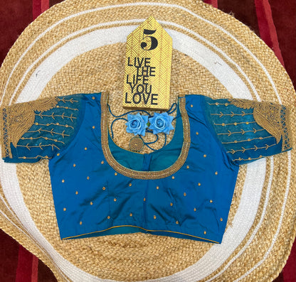 40” Bridal Aari hand Worked Sari Blouse Indian Top Choli Silk Blue B41