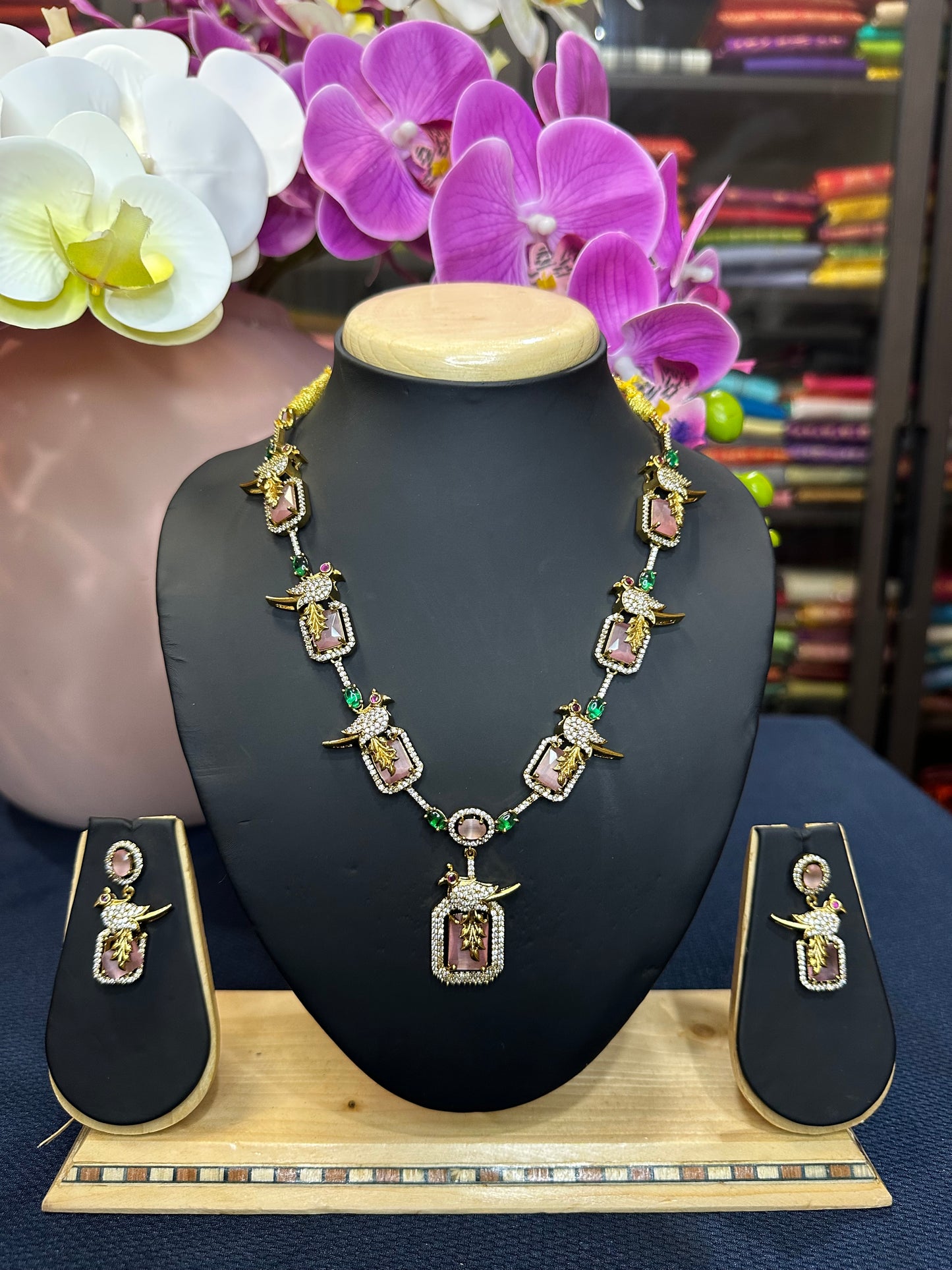 Indian Victorian Polish Peacock Brass Necklace & Earrings Jewellery Set N74