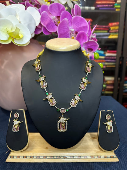 Indian Victorian Polish Peacock Brass Necklace & Earrings Jewellery Set N74