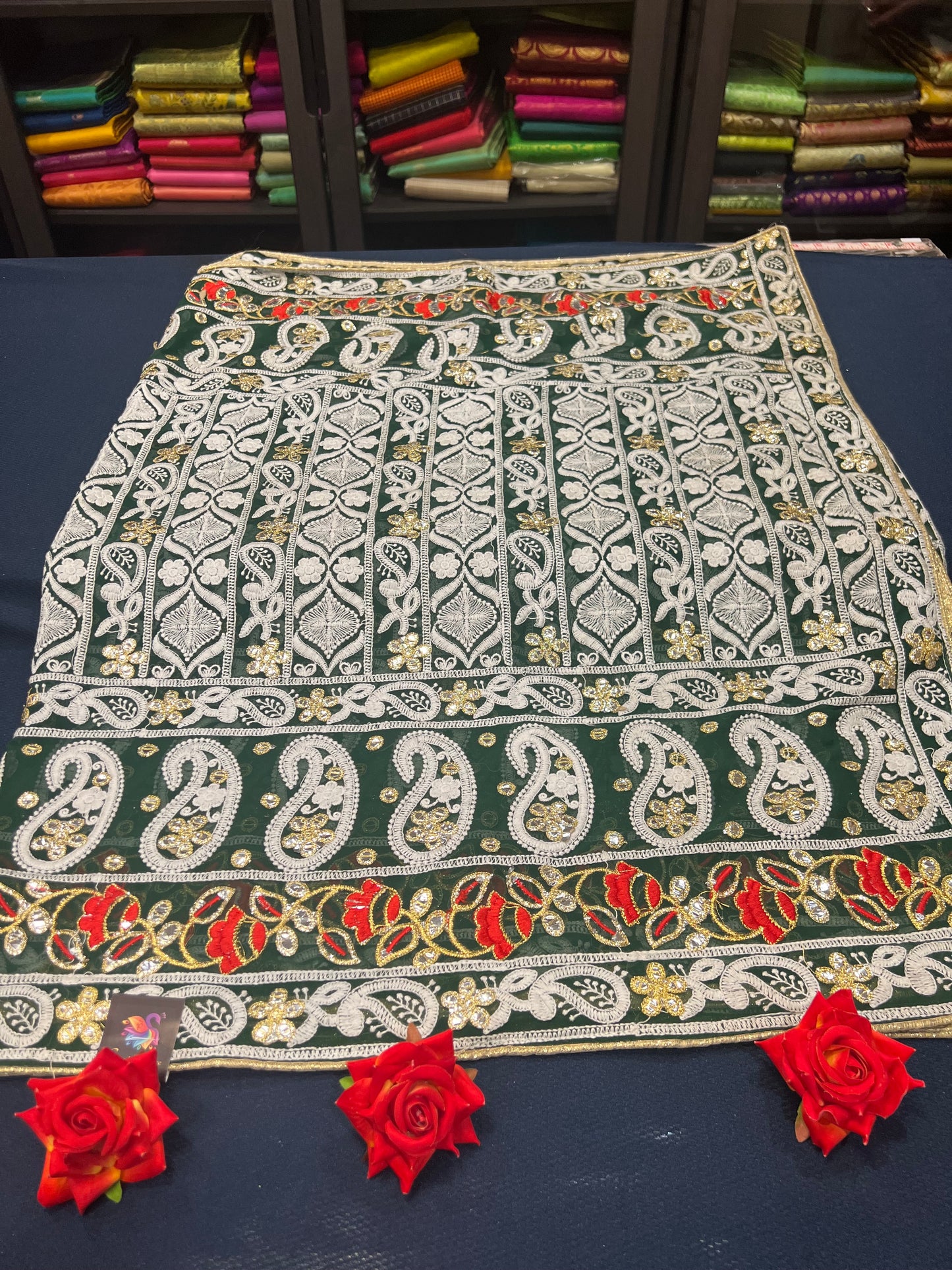 Green heavily embroidered Phulkari dupatta D2