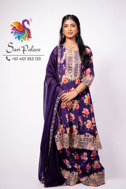 Purple Floral Indian Pakistani Outfit Salwar Kameez Sharara Suit EID S44