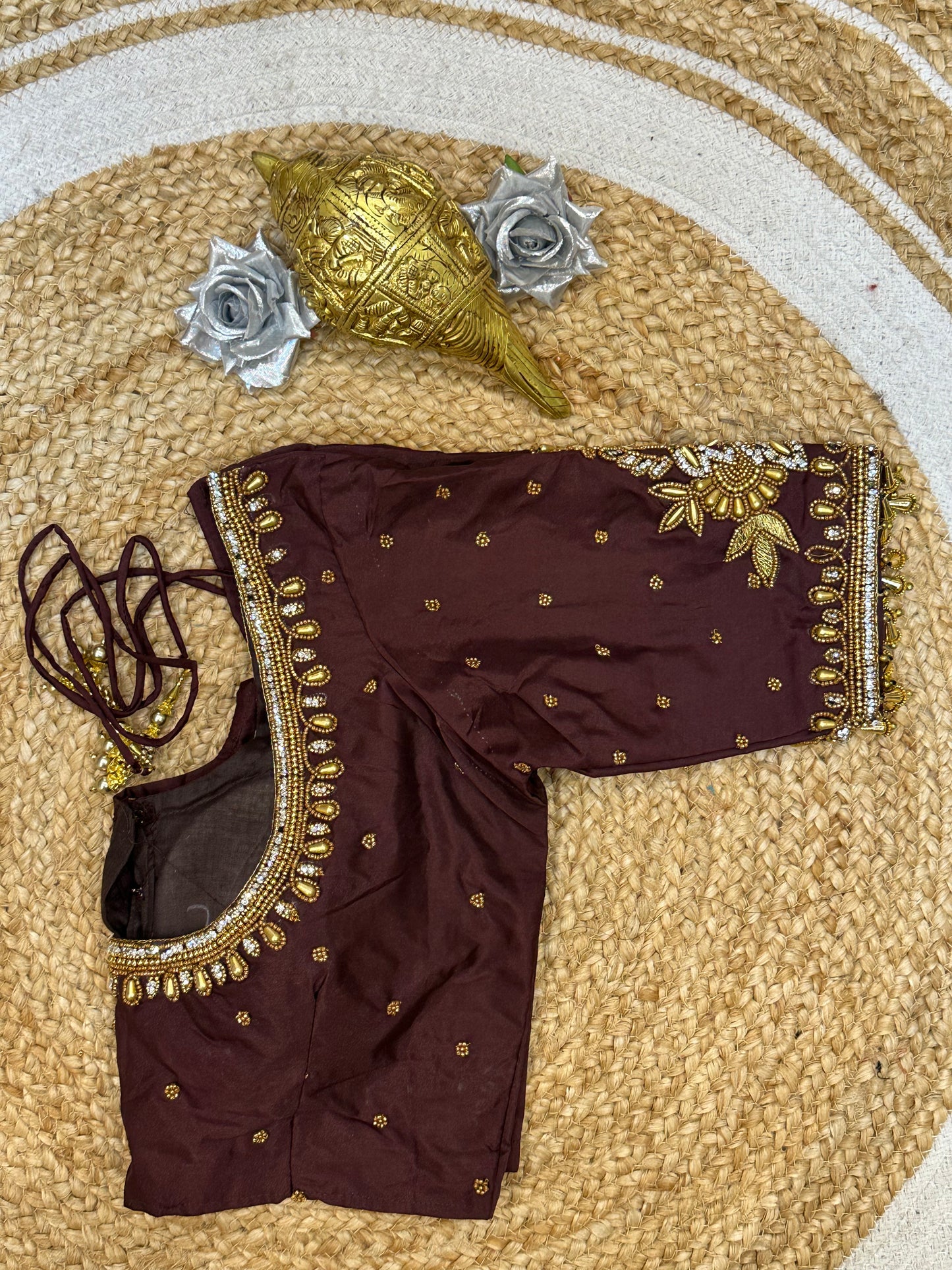 34” XSmall Aari Worked Sari Blouse Indian Saree Top Silk Deep Wine B123