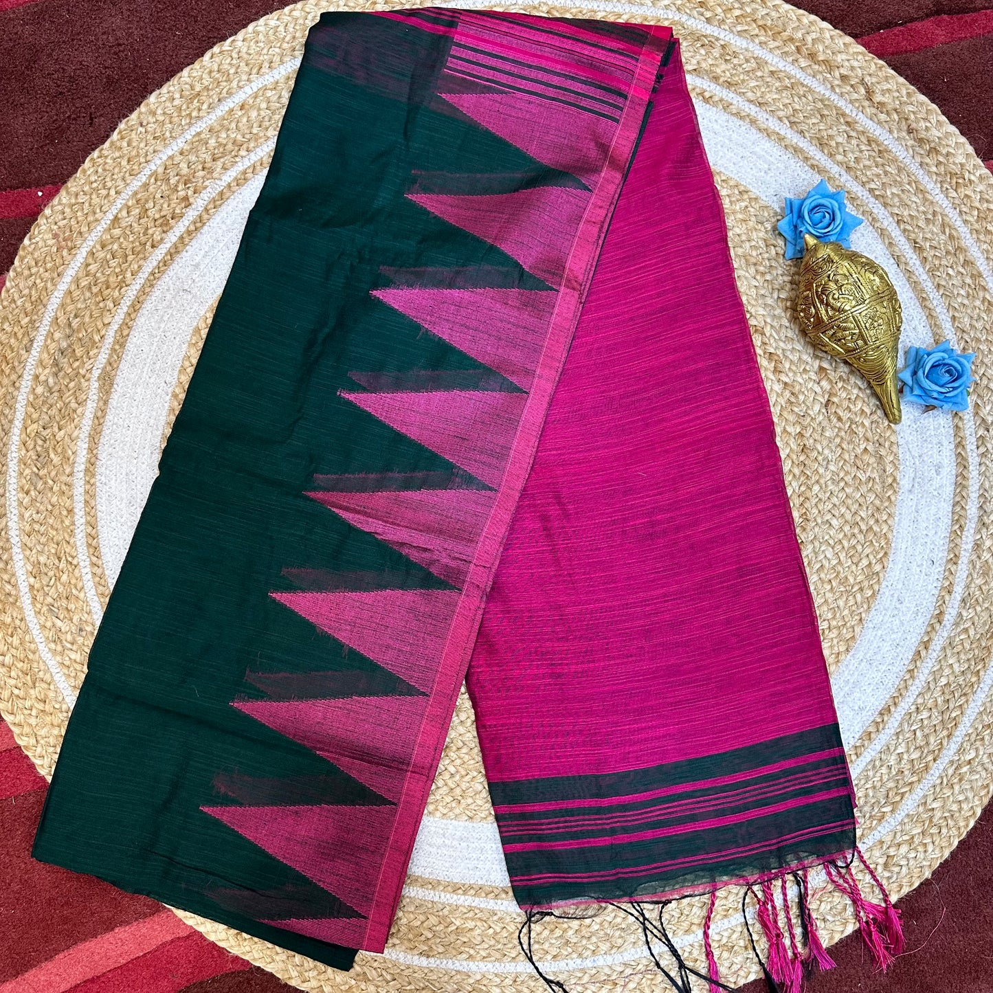 Green & Pink Soft Slab Cotton Linen Sari Indian Saree with temple border C1