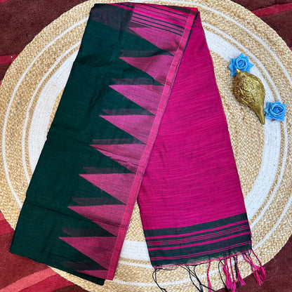 Green & Pink Soft Slab Cotton Linen Sari Indian Saree with temple border C1