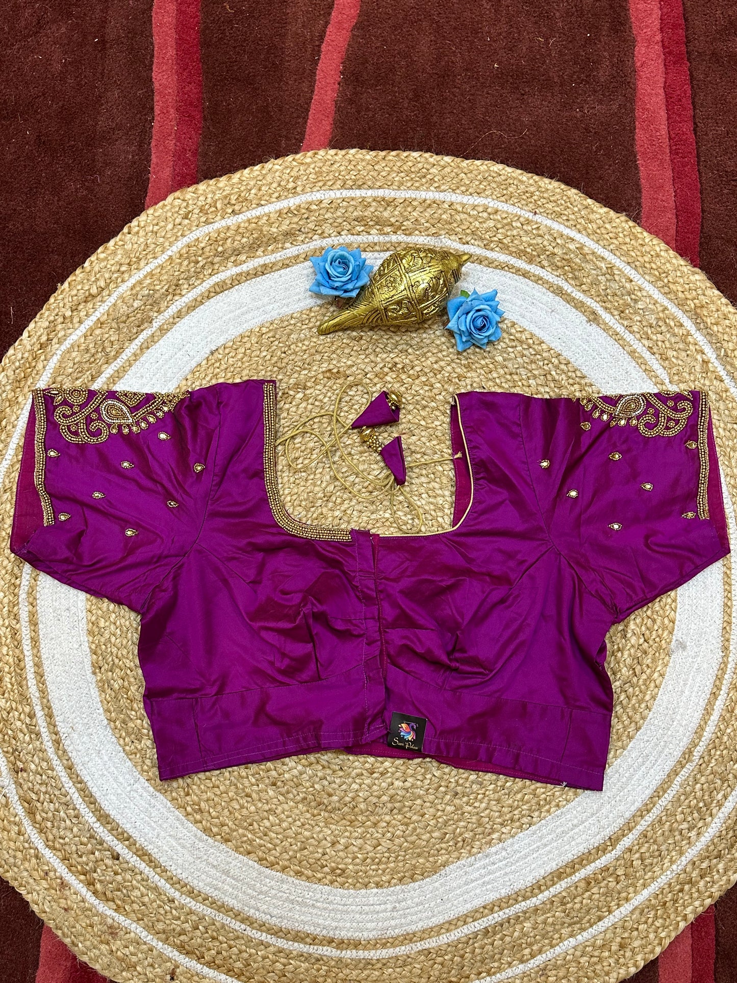 46” Size 16 Aari Worked Sari Blouse Indian Saree Top Silk Purple Magenta B193