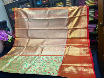 Bridal Tissue Kanchipuram Pure Silk Saree Gold & Red Kanjivaram Sari| SPK115