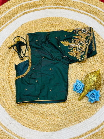 46” Size 16 Aari Worked Sari Blouse Indian Saree Top Silk Bottle Green B191