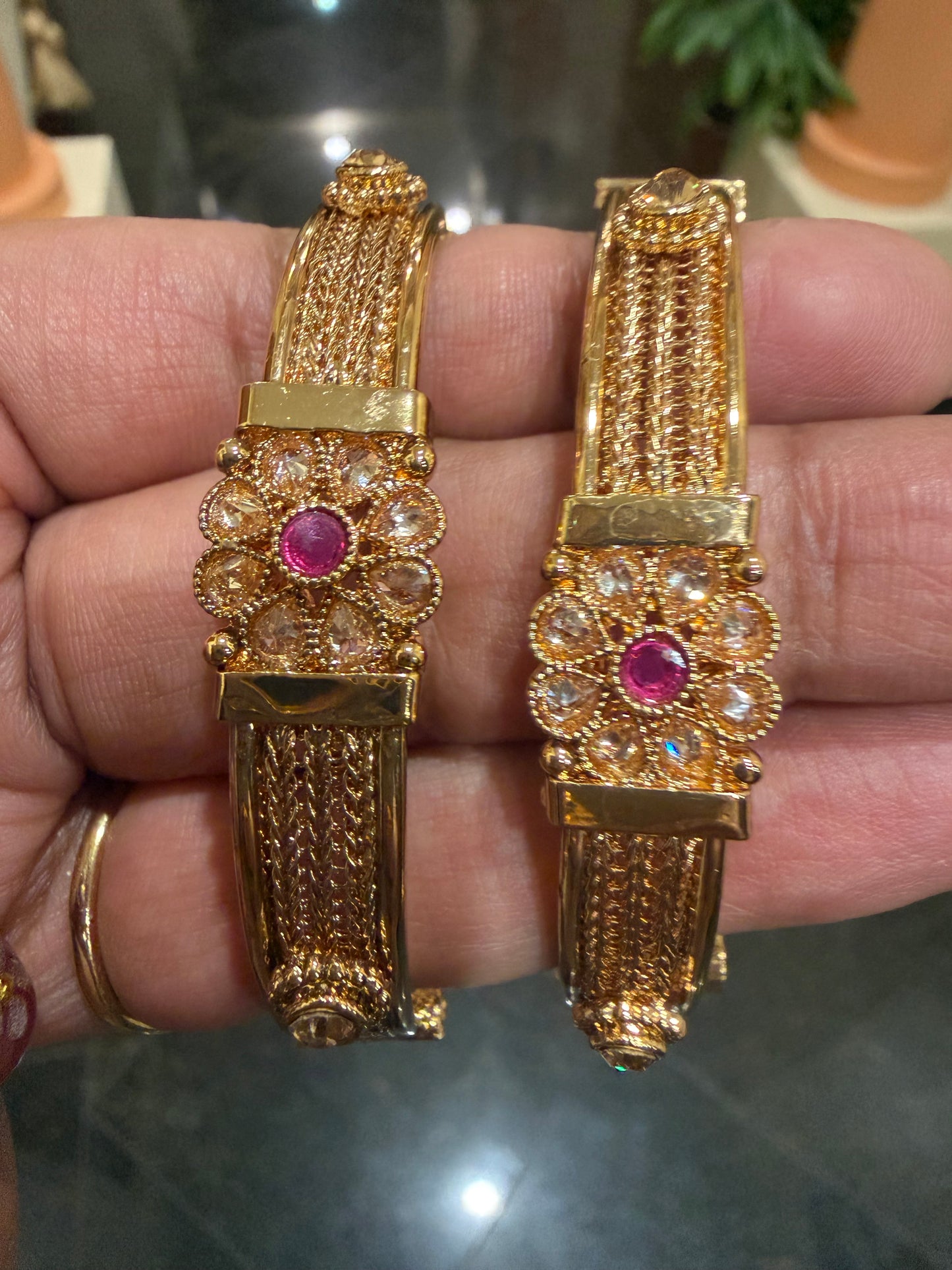 Indian Brass screw Bangles Set Ruby Pink Stones Antique Bracelets B9