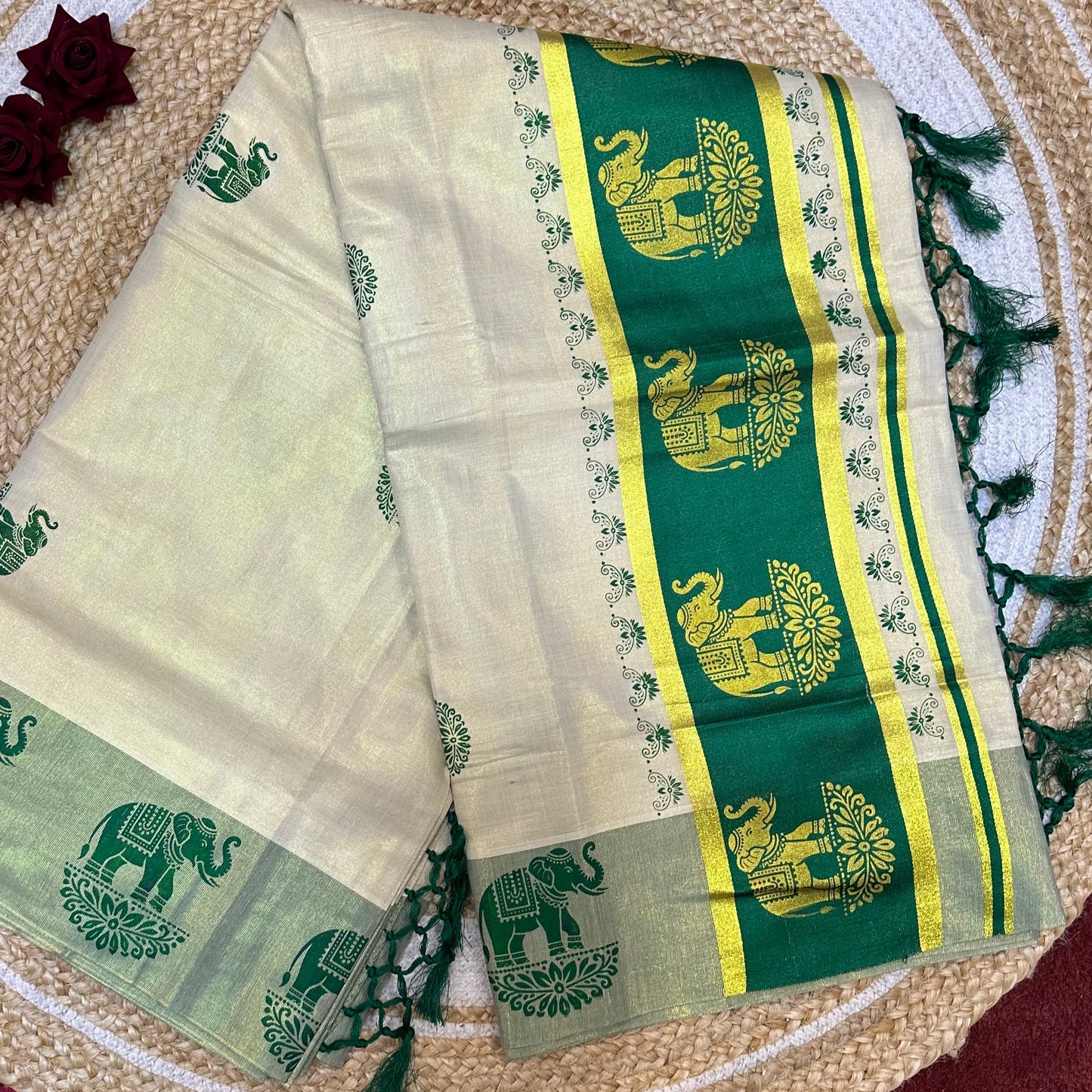 Turquoise Elephant Kerala Vishu Sari Indian Cream Tissue Saree C7