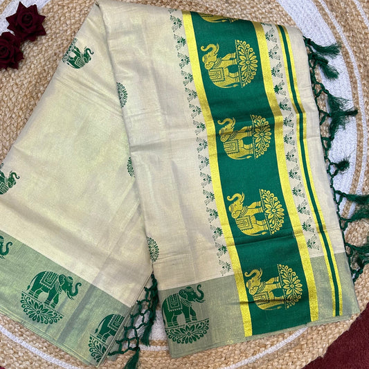 Turquoise Elephant Kerala Vishu Sari Indian Cream Tissue Saree C7