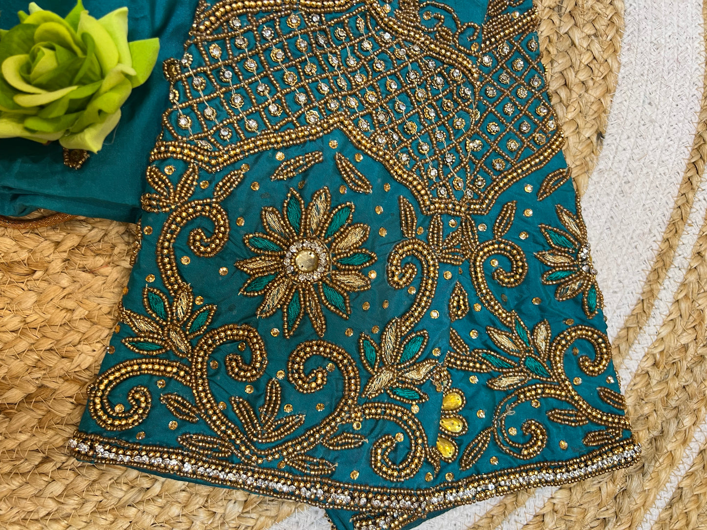 40” Bridal Aari hand Worked Sari Blouse Indian Top Choli Silk Teal Blue B42