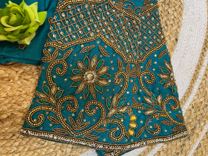 40” Bridal Aari hand Worked Sari Blouse Indian Top Choli Silk Teal Blue B42