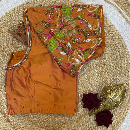 44” XXL Size 12 size Aari Worked Sari Blouse Indian Saree Top Orange B267