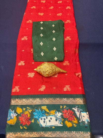 Red & Green Pichwai Silk Sari Indian Fancy Saree C4