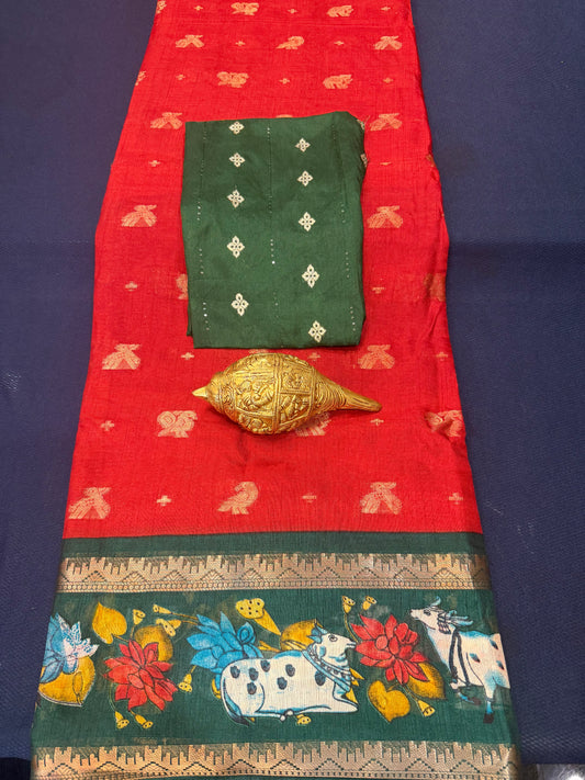 Red & Green Pichwai Silk Sari Indian Fancy Saree C4