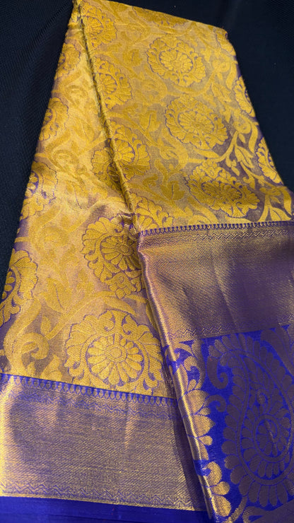 Kanchipuram Tissue Bridal Pure Silk Saree with Gold Zari Blue & Gold Sari| SPK097