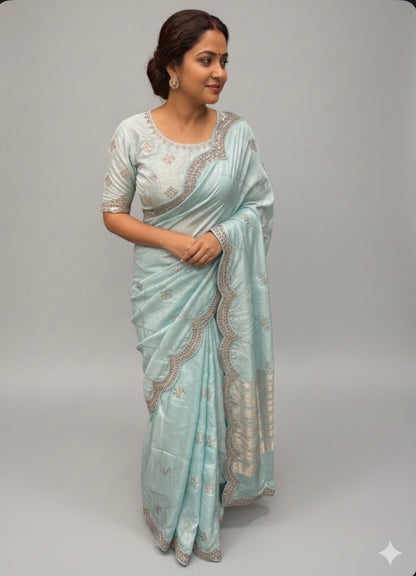 Sky Blue Fancy Party wear Sari Indian Saree Blouse Combo S87