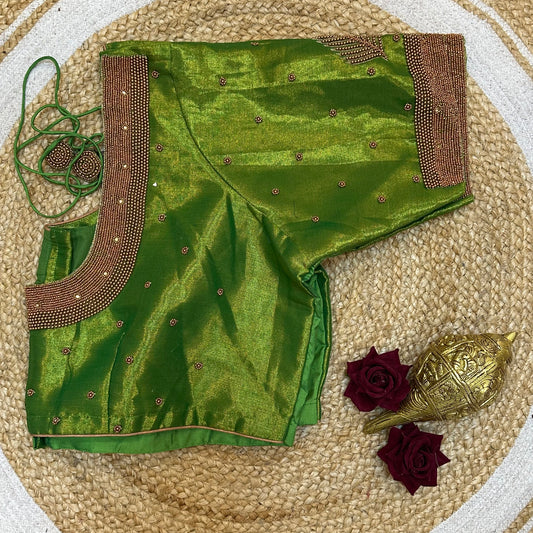 50” Size 20 Aari Sari Blouse Indian Saree Top Silk Metallic Green B243