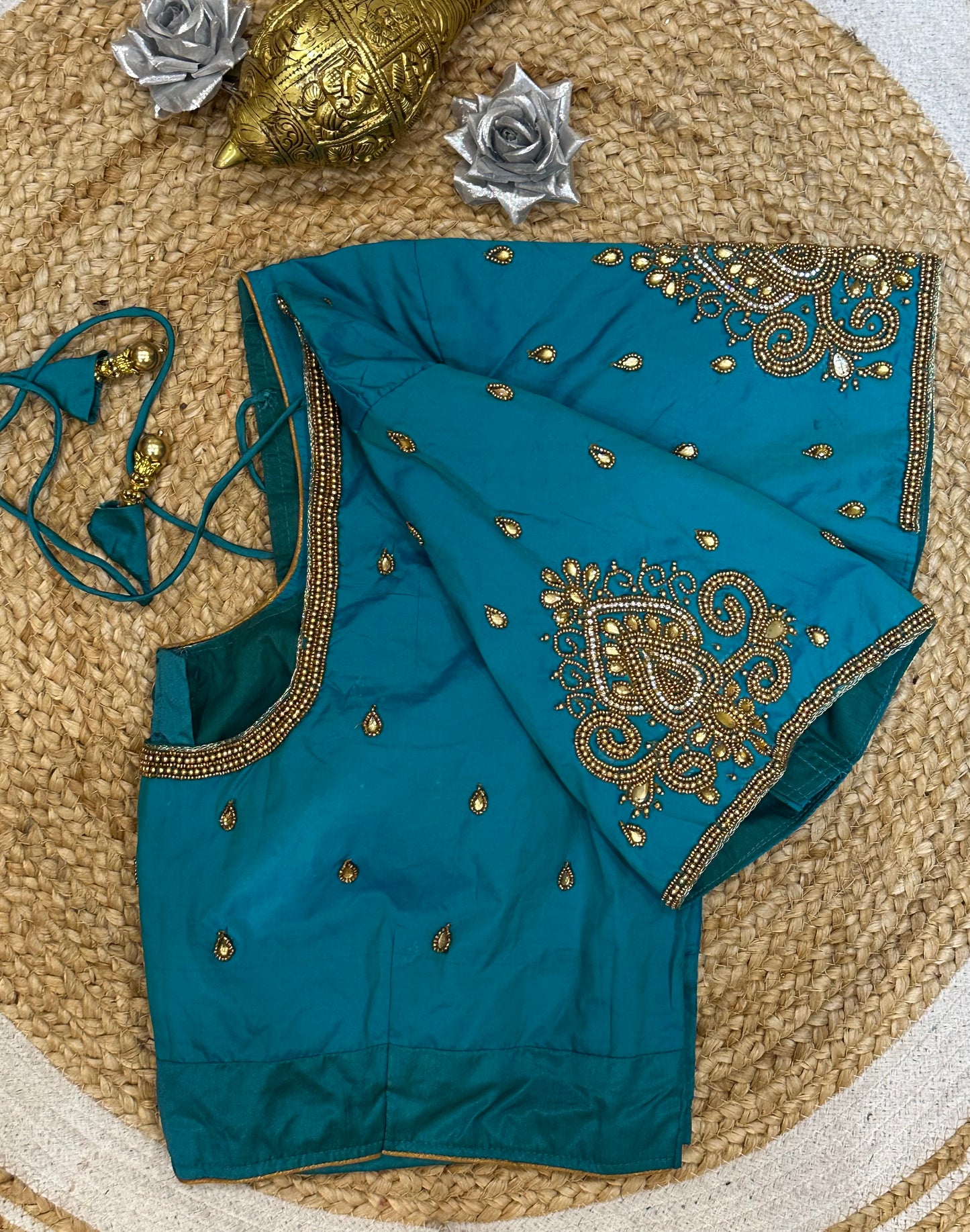 44” Size 14 Aari Worked Sari Blouse Indian Saree Top Silk Blue B137