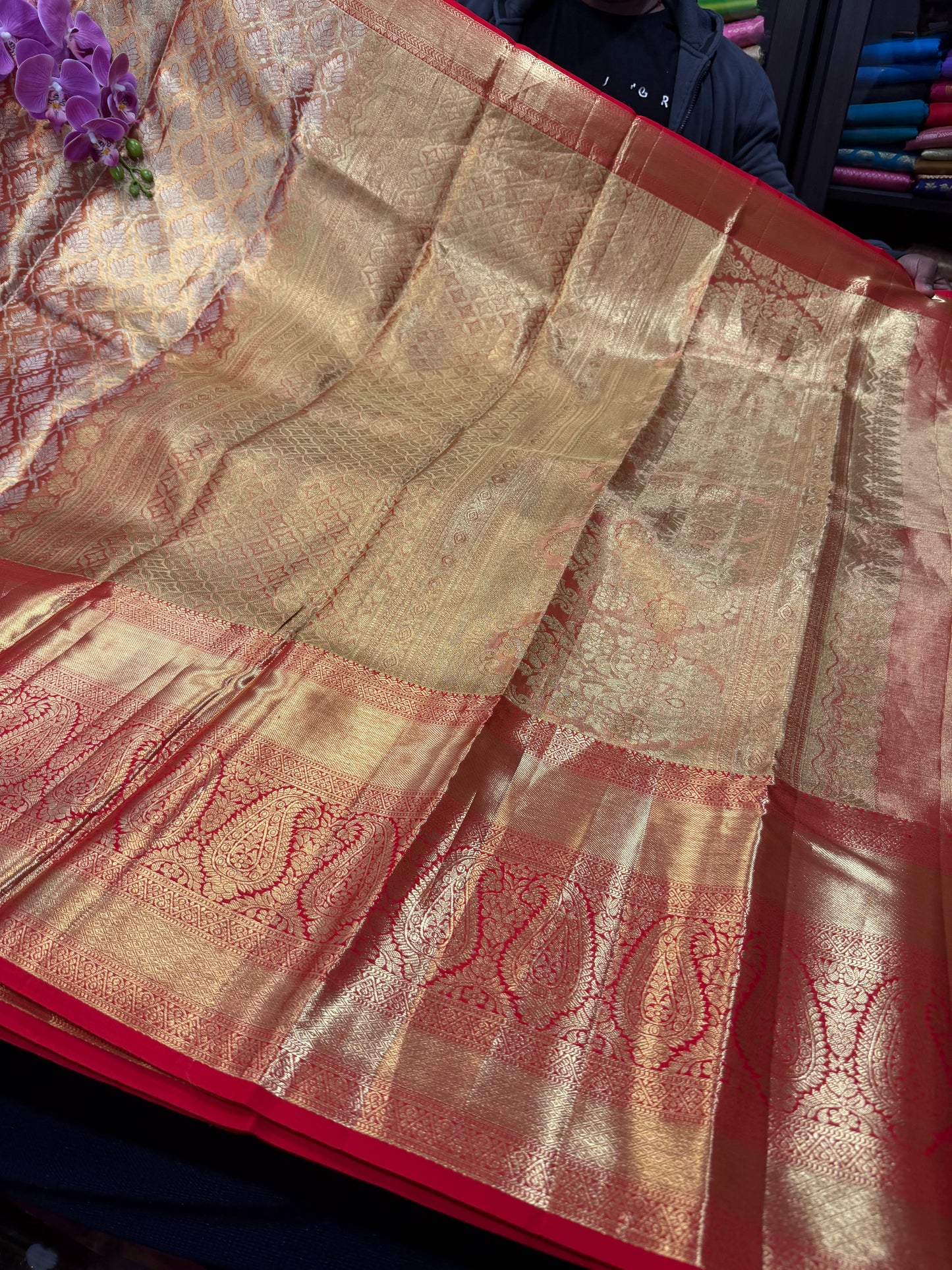 Bridal Tissue Kanchipuram Pure Silk Saree Gold & Red Kanjivaram Sari| SPK153