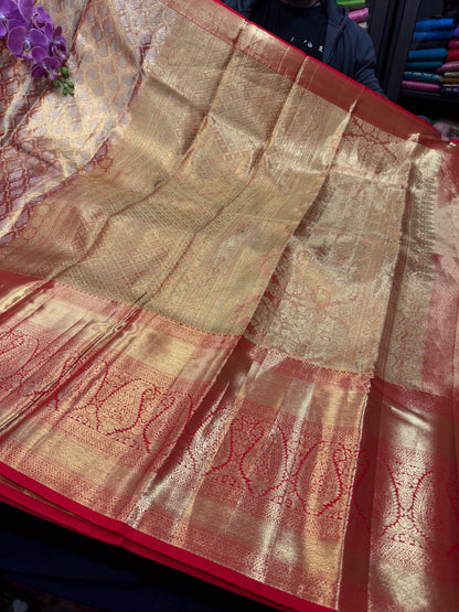 Bridal Tissue Kanchipuram Pure Silk Saree Gold & Red Kanjivaram Sari| SPK153
