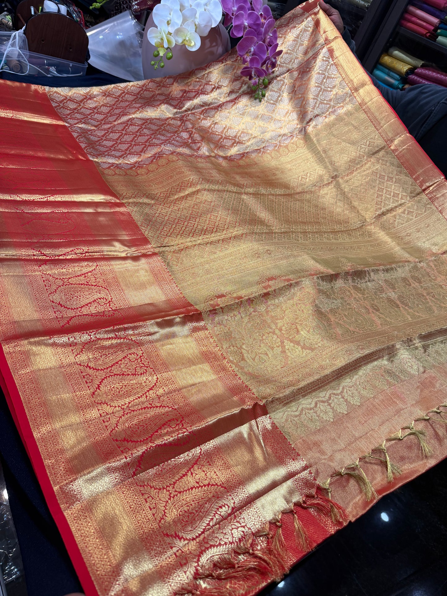 Bridal Tissue Kanchipuram Pure Silk Saree Gold & Red Kanjivaram Sari| SPK153