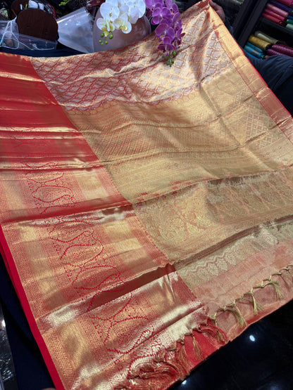Bridal Tissue Kanchipuram Pure Silk Saree Gold & Red Kanjivaram Sari| SPK153