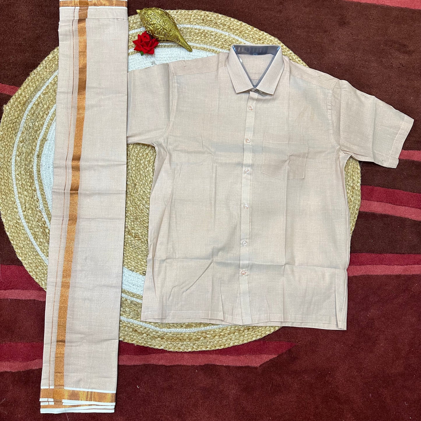 Men’s South Indian Vesti Shirt Combo Rose Gold Copper Tissue Dhotti V11