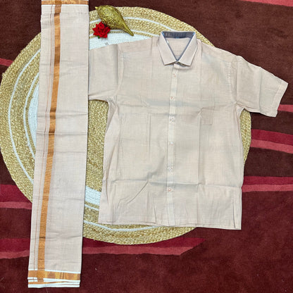 Men’s South Indian Vesti Shirt Combo Rose Gold Copper Tissue Dhotti V11