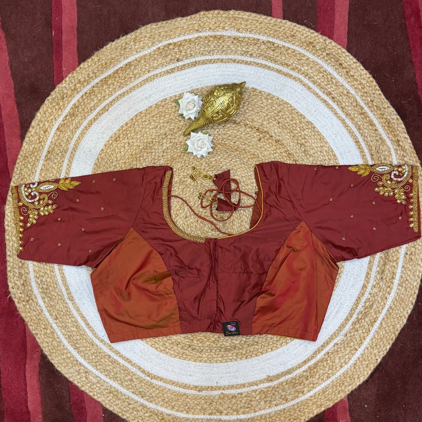 46” Size 16 Aari Worked Sari Blouse Indian Saree Top Silk Maroon Brown B220