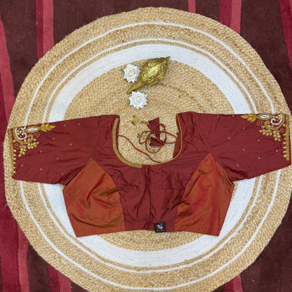 46” Size 16 Aari Worked Sari Blouse Indian Saree Top Silk Maroon Brown B220