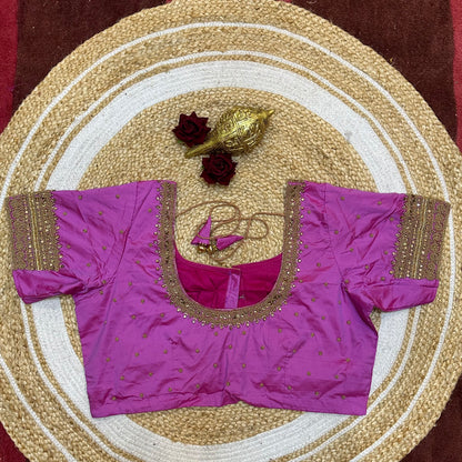 44” Size 14 Aari Worked Sari Blouse Indian Saree Top Silk Pink B256