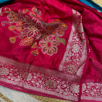 Blue Pink Sari Indian Fancy Stonework Party wear Silk Saree S145