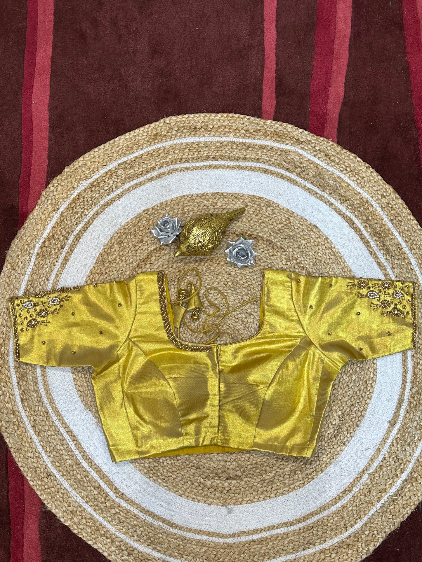 40” Size 10 Aari Worked Sari Blouse Indian Saree Top Silk Gold B177