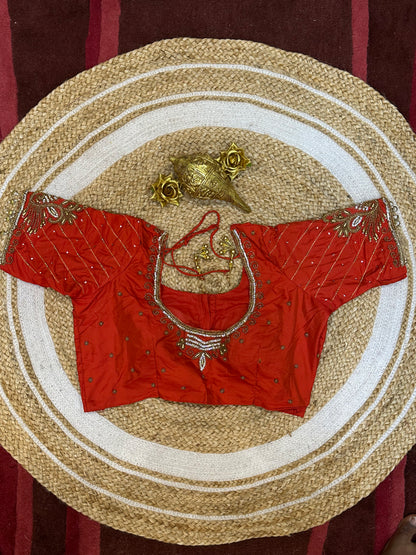 40” Size 10 Aari Worked Sari Blouse Indian Saree Top Silk Orangey Red B87